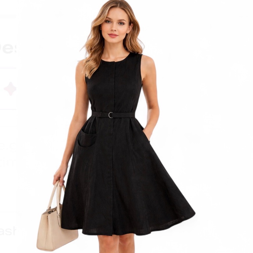 Banana Republic Black Linen Fit Flare Dress Small Belted NWT Work Preppy Chic